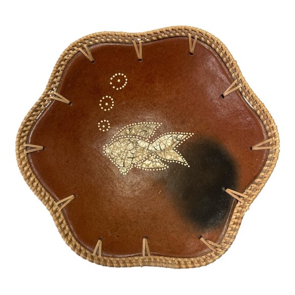 Vintage Mid-Century Decorative Bowl – Fish Inlay with Rattan Trim – 10” - Picture 1 of 3